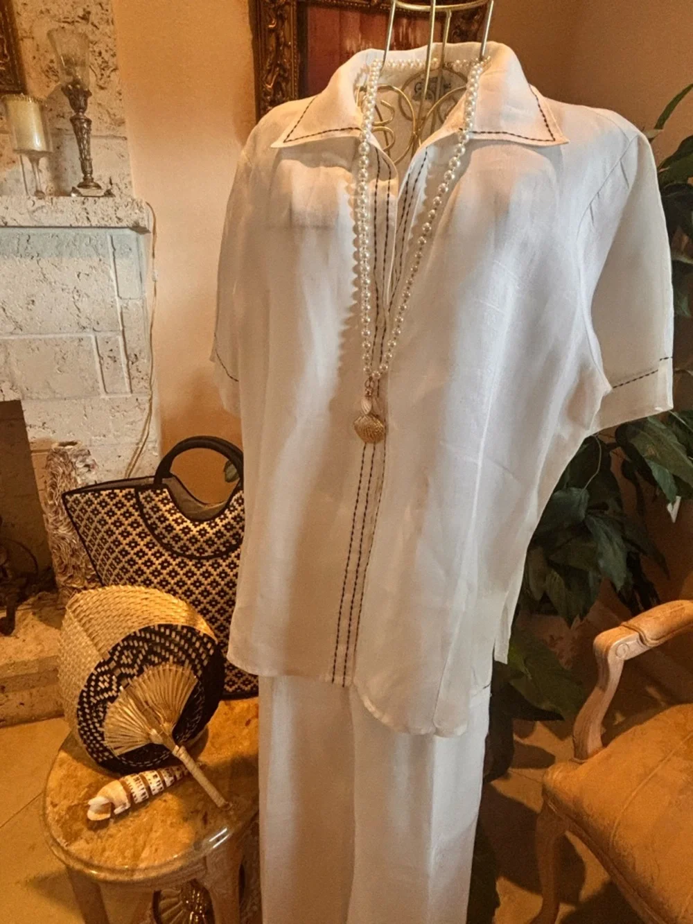 Giorgiana by Naji Linen Set XL White Resort Coastal Wide Leg Outfit - Picture 3 of 12
